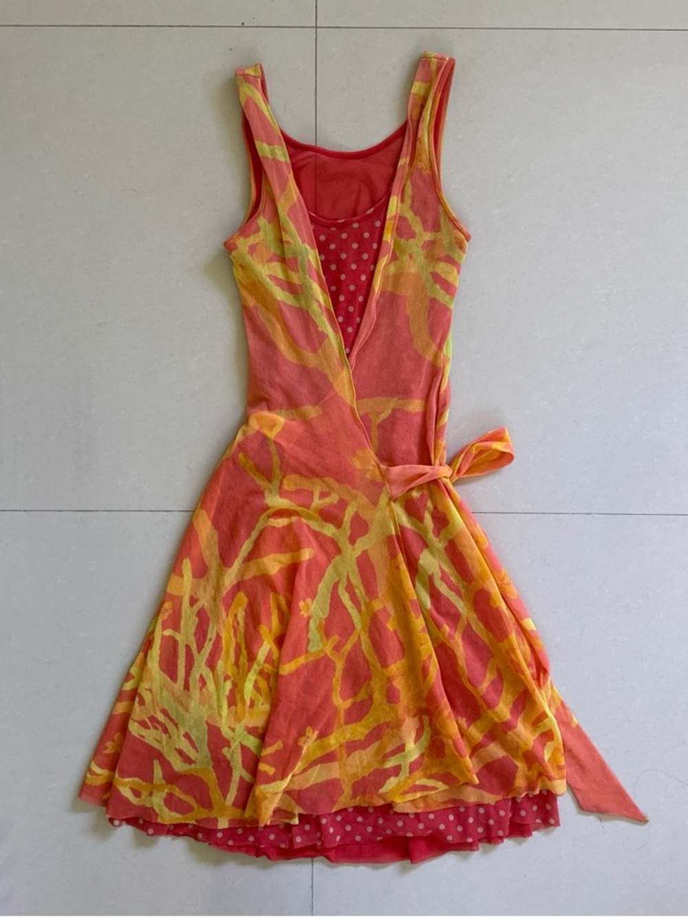 Fuzzi Made in Italy Coral & Yellow Wrap Tie-Waist Midi Dress Double Layer Mesh
